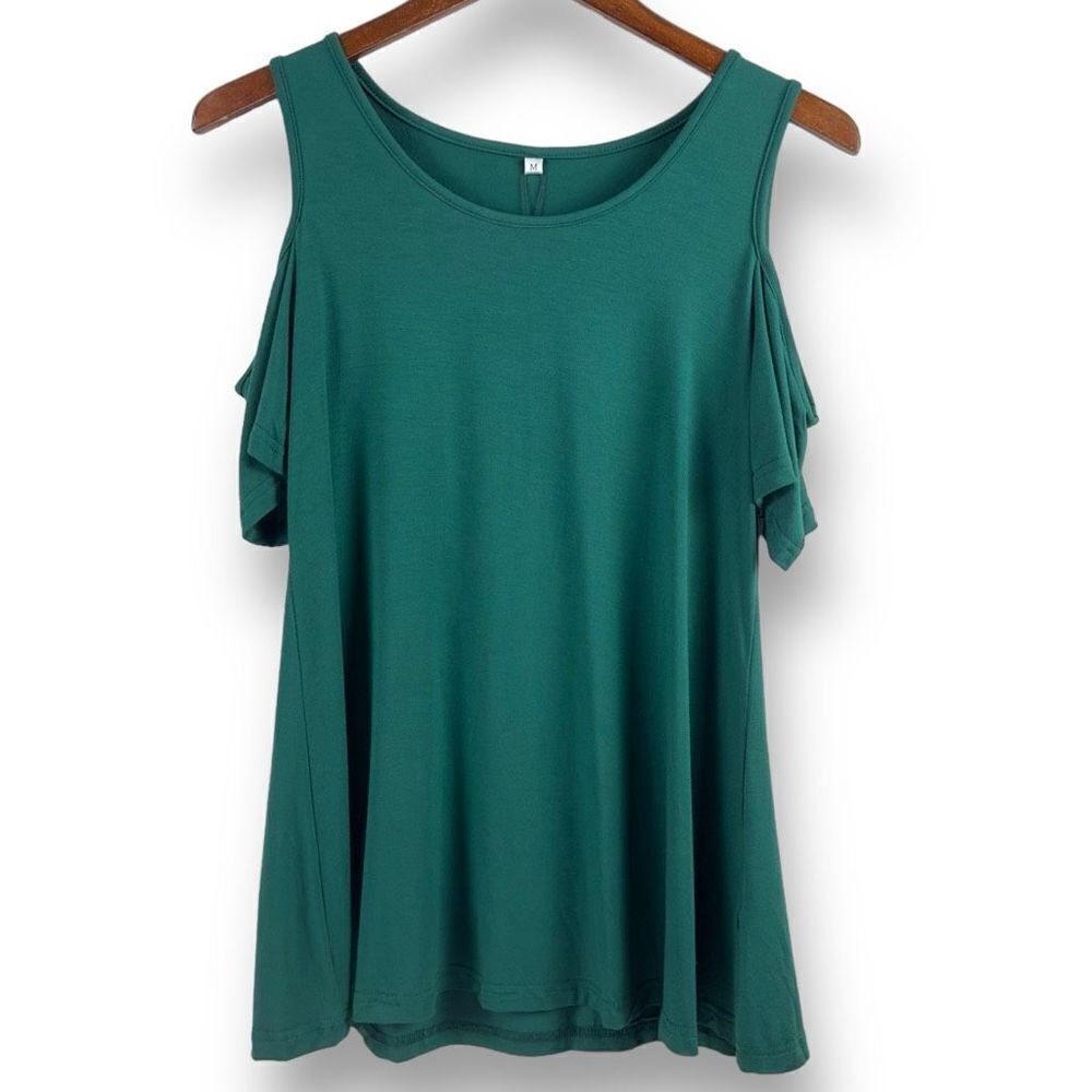 PrinStory Women's Size M Cold Shoulder Tee Solid Green Flowy Relaxed Fit‎ New
